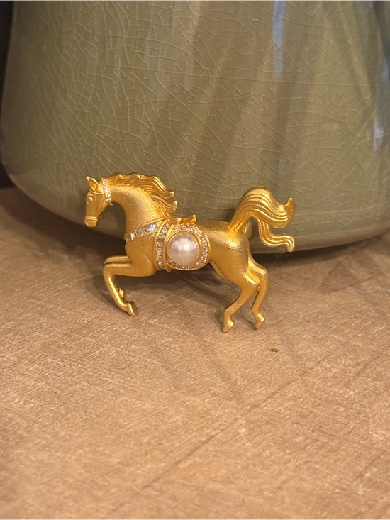 Jewelry - Gold Tone Running Horse Brooch with Faux Pearl Saddle Accent